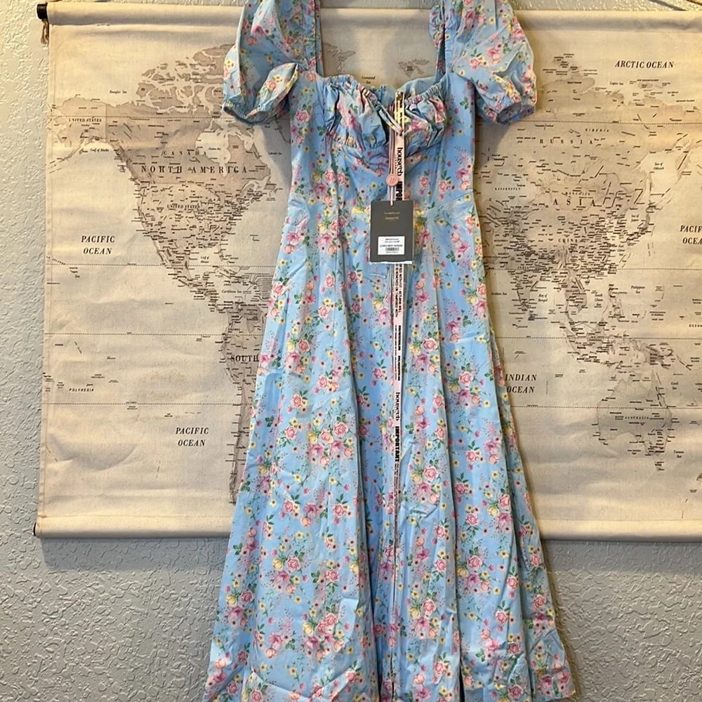 House of CB Tallulah Blue Vintage Floral Puff Sleeve Midi Dress NWT - Picture 9 of 10